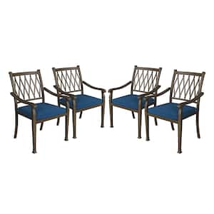 Brown Cast Aluminum Metal Outdoor Patio Stackable Rural Style Dining Chair with Blue Cushion for Yard Gazebo (4-Pack)