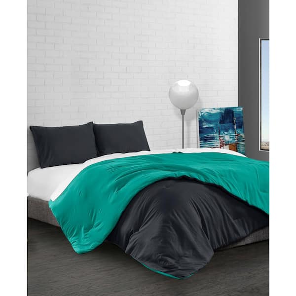 ELLA JAYNE Black and Teal Queen Reversible Microfiber Down Alternative 3-Piece Comforter Set
