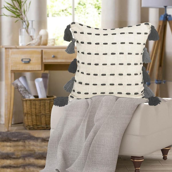 Black and White Outdoor Pillows, Striped Tassel, Beige | Hofdeco
