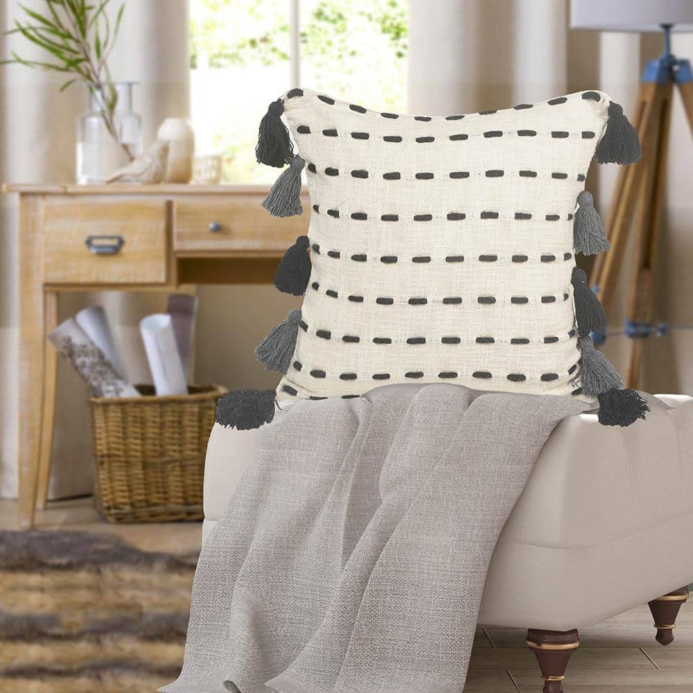 Square Black and Cream Embroidered Tasseled Throw Pillow