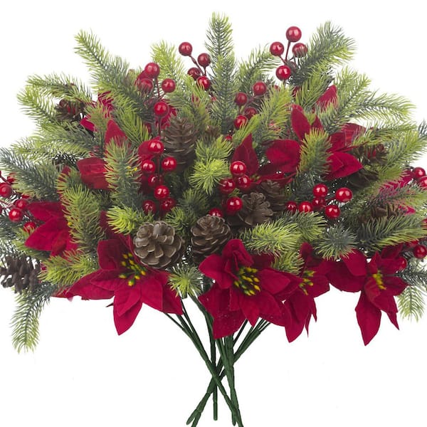 Christmas 13.7 in. Multi-Colored Indoor Artificial Pine Cones Red Fake Berryin Picks
