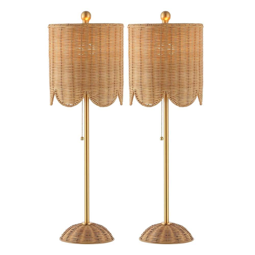 Celerie 27.5" Natural Rattan and Brass Gold LED Table Lamp Set