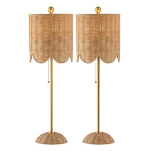 Celerie 27.5 in. Rattan/Iron Buffet LED Table Lamp Set with Pull Chain and Scalloped Shade Natural/Brass Gold (Set of 2)