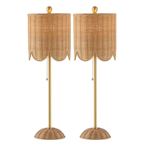 Celerie 27.5 in. Rattan/Iron Buffet LED Table Lamp Set with Pull Chain and Scalloped Shade Natural/Brass Gold (Set of 2)