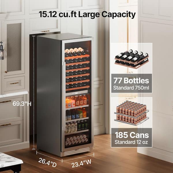 24 in. 77-Bottle and 177-Can Beverage and Wine Cooler Fridge Dual Zone Built-in Beverage Refrigerator in Stainless Steel