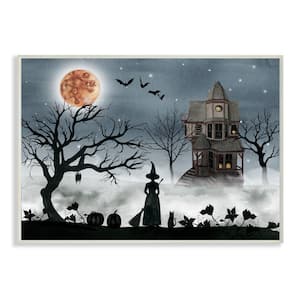 12.5 in. x 18.5 in. "Halloween Witch Silhouette in Full Moon Haunted House Scene" by Artist Grace Popp Wood Wall Art