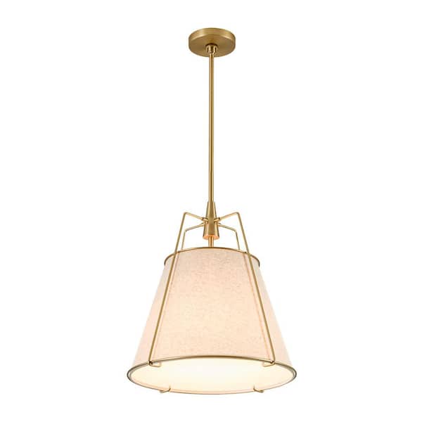 Haven Modern Farmhouse 15 in.W 4-Light Brass Frame Pendant Light with Beige Fabric Shade for Hallway or Kitchen