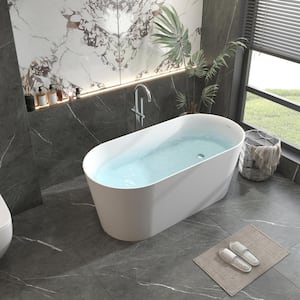 63 in. Stone Resin Flatbottom Solid Surface Freestanding Double Slipper Soaking Bathtub in White with Brass Drain