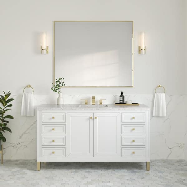 James Martin Vanities Chicago 60.0 in. W x 23.5 in. D x 33.76 in. H Single Bath Vanity in Glossy White with Quartz Eternal Jasmine Pearl Top