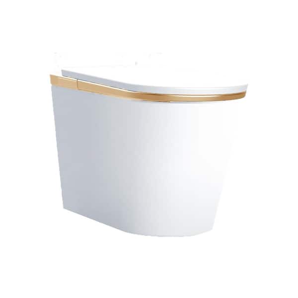 LEJ-G Elongated Smart Bidet Toilet in White/Gold Trim with Heated Seat, Foot Sensor, Auto Open/Close/Flush, Warm Dryer