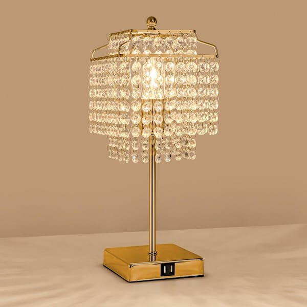 18 in. 1-Light Bedside Crystal Task & Reading Table Lamp for Bedroom Living Room Gold Dimmable Lamp with Crystal Shade