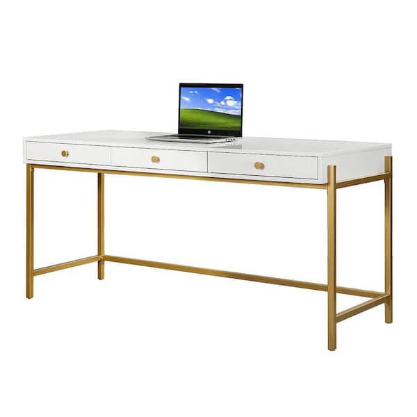 JAYDEN CREATION Zulma Modern White 64 in. 3-Storage Drawers Writing Desk with Polished Paint-finished Desktop