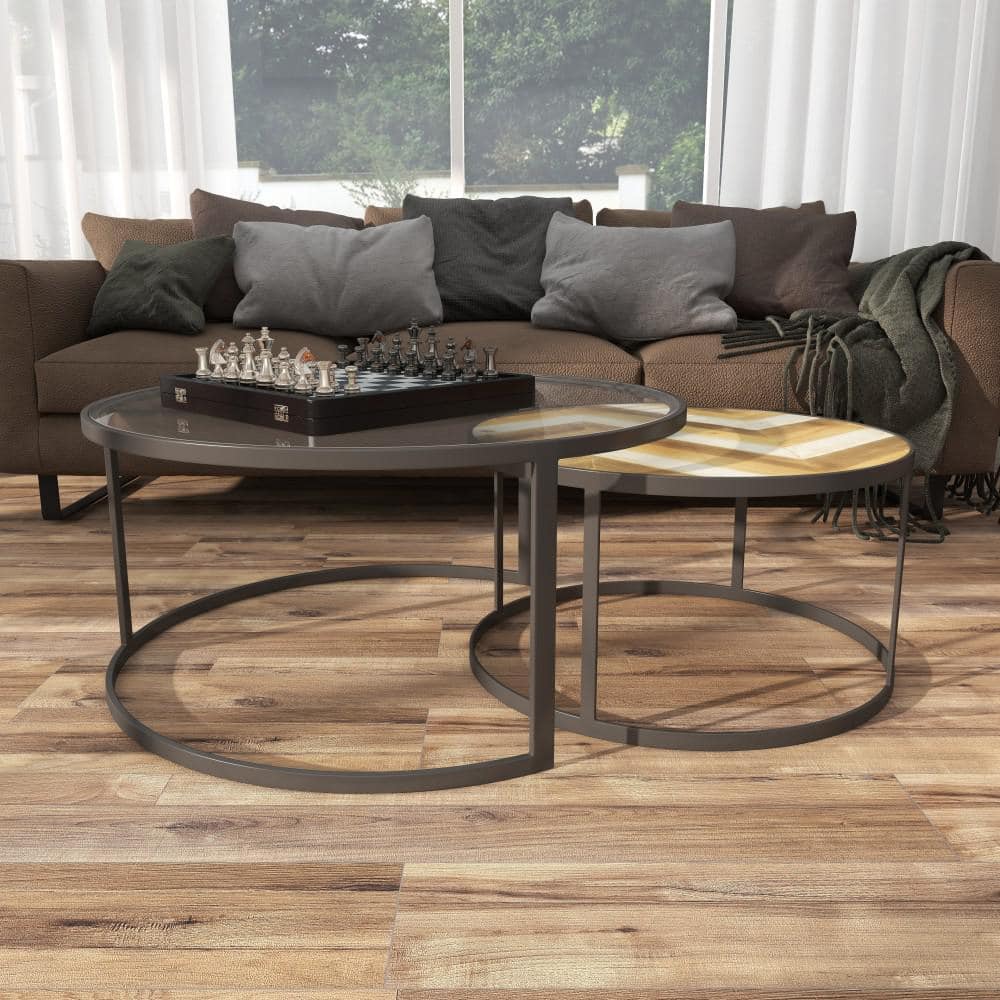 Gray and Brown Round Wood and Glass Nesting Coffee Tables