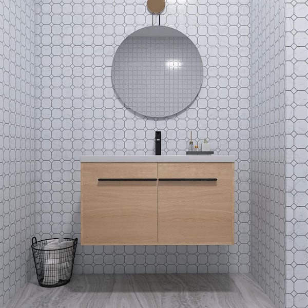 ARTCHIRLY 35.43 in. W. x 18.11 in. D x 20.47 in. H Wall-Mounted Bath Vanity in Light Brown with White Resin Vanity Top