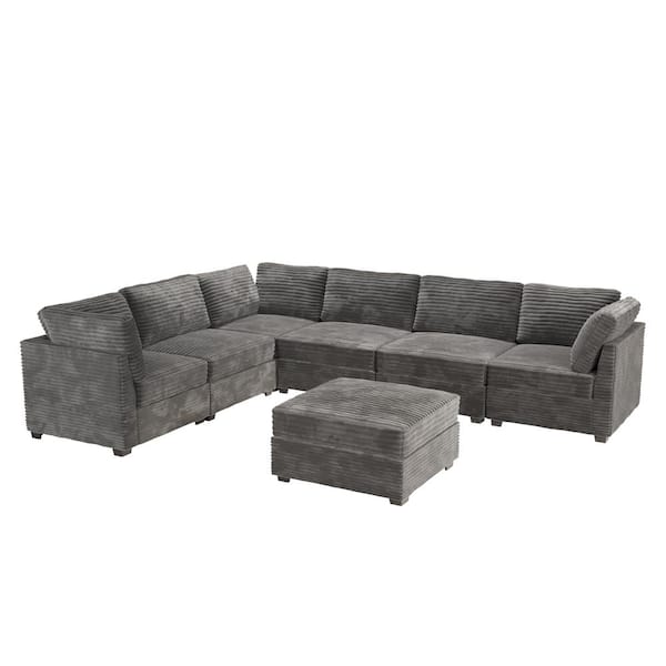 127 in. Square Arm Modern 7-Piece Plush Corduroy L-Shape Free Combination Modular Sectional Sofa in Gray with Ottoman