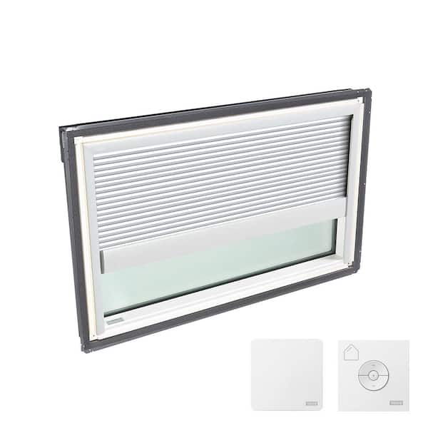 VELUX 44-1/4 in. x 26-7/8 in. Fixed Deck Mount Skylight w/ Laminated Low-E3 Glass, White Solar Powered Room Darkening Shade