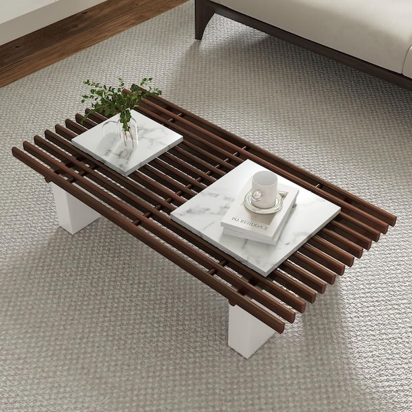 47.24 in. W Brown and White Rectangle Stone Tabletop Coffee Table with Hollow Lattice Design