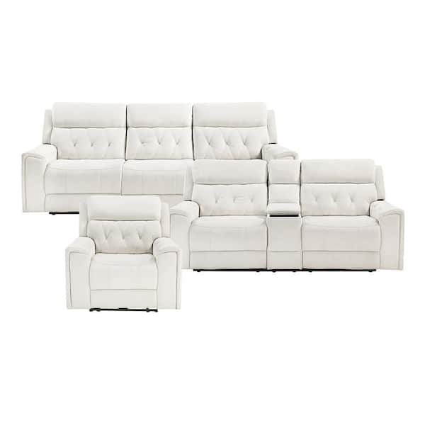 Korlan 98 in. W Straight Arm Microfiber Rectangle 3-Piece Power Double Reclining Sofa Set with Power Headrests in Beige