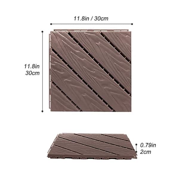 GOGEXX 12 in. W x 12 in. L Outdoor Diagonal Stripe Plastic Composite Flooring Deck Tiles (35 per box), Light Coffee