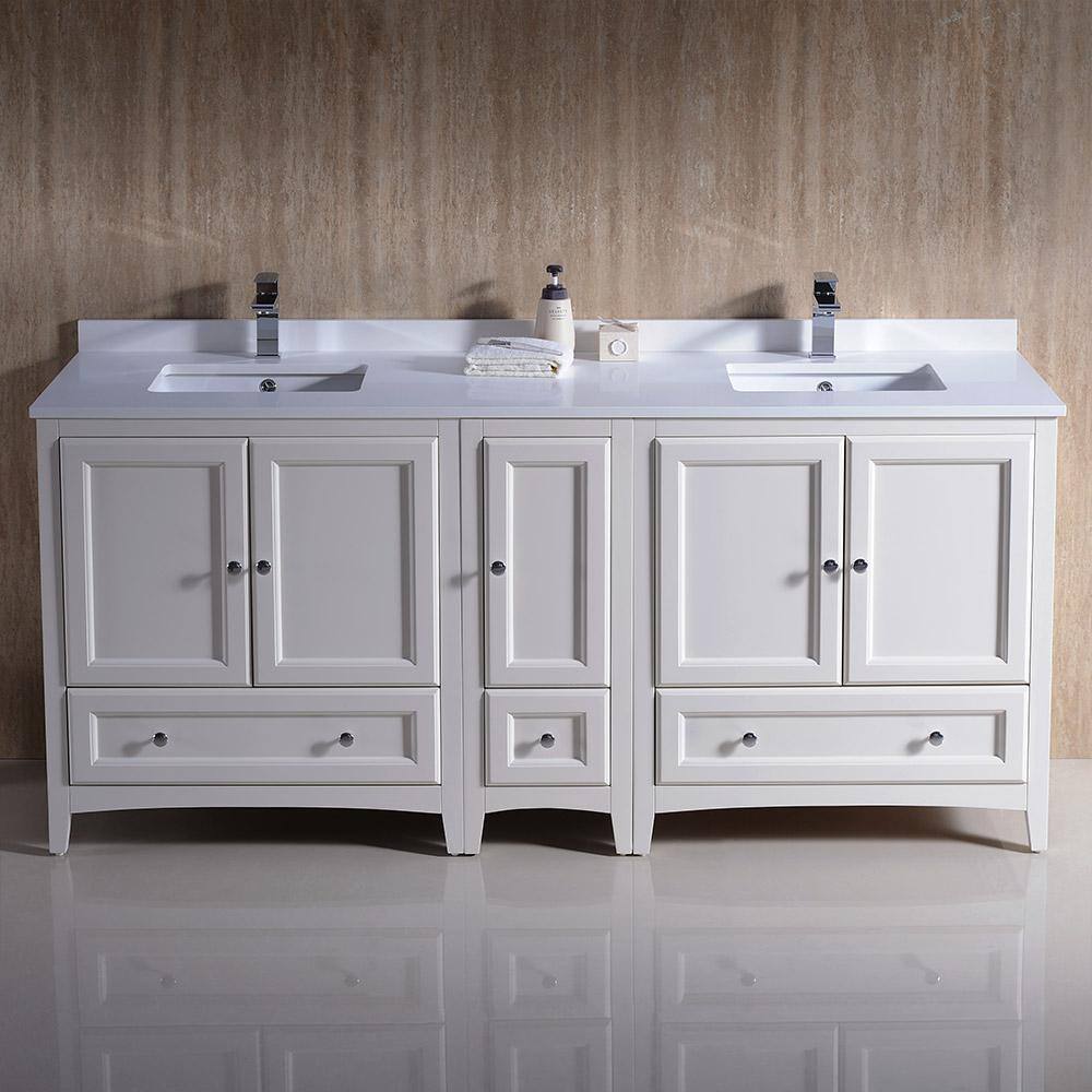 Oxford 72" Antique White Quartz Double Sink Freestanding Vanity