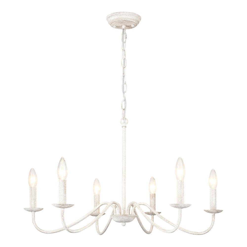 6-Light Distressed White Farmhouse Candle Style Rustic Chandelier for Kitch