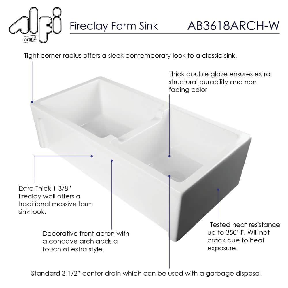 36'' White Fireclay Double Bowl Farmhouse Sink