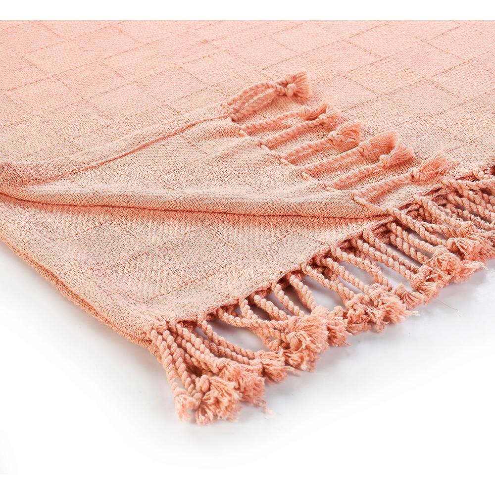 Coral Pink Organic Cotton Throw Blanket with Fringe