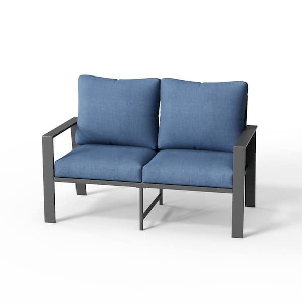 51 in. 2-Person Aluminum Outdoor Patio Loveseat Sofa with Navy Cushions