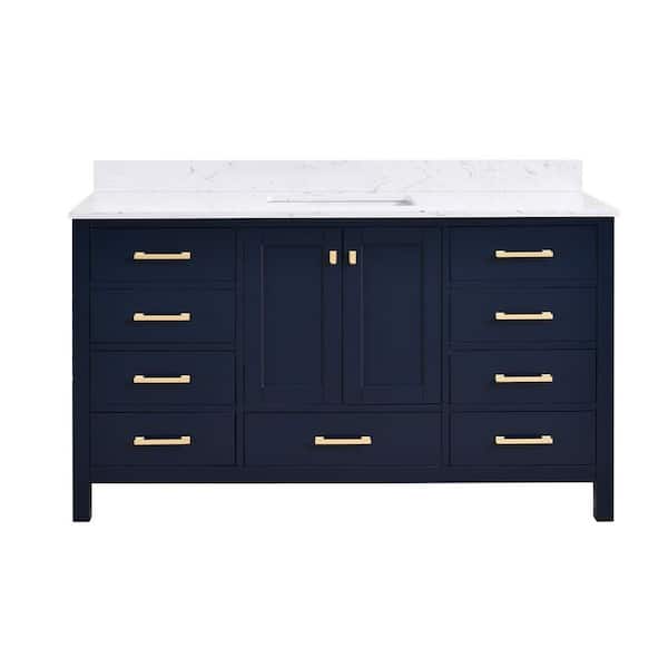 StarrySky 60 in. Undermount Single Sink Freestanding Bath Vanity in Blue with White Engineered Stone Top