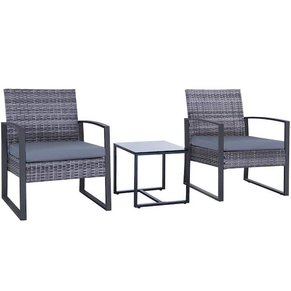 Cesicia 3-Piece Gray Wicker Patio Conversation Set with Gray Cushions and Side Table
