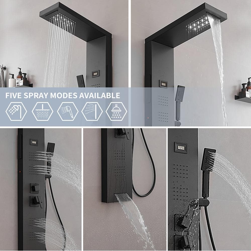 Matte Black 4-Jet Rainfall Shower Panel System with LED Light