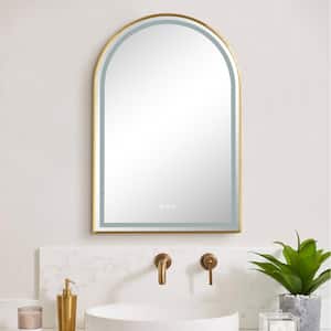 28 in. W x 36 in. H Arched-Top Framed Wall Bathroom Vanity Mirror, LED Lighted Makeup Vanity Mirror in Brushed Gold