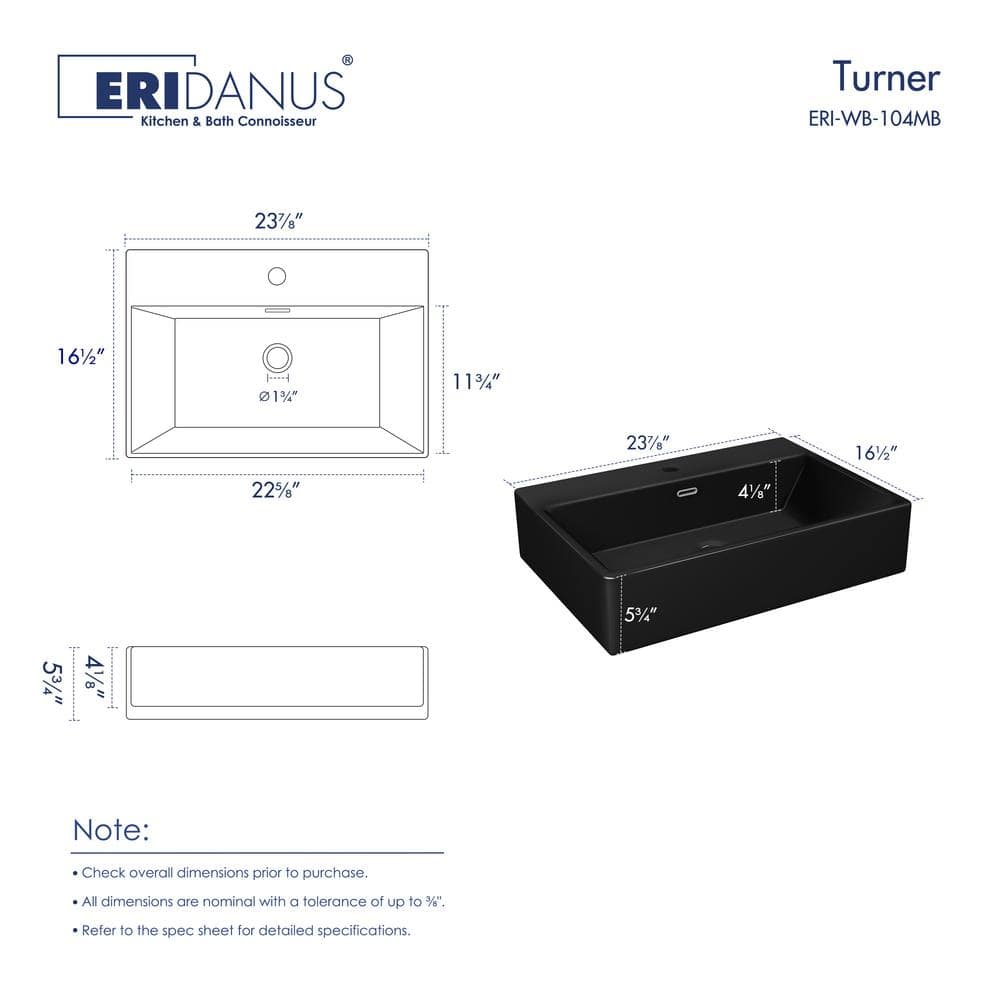 Turner Matte Black Ceramic Wall-Mount Rectangular Bathroom Sink