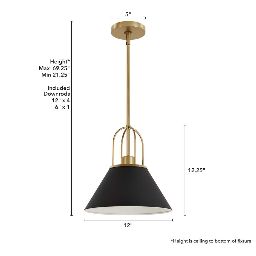 12" Matte Black and Gold Cone Pendant Light