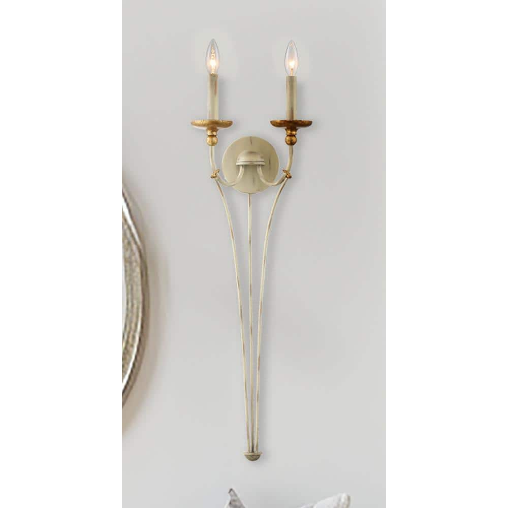Farmhouse White & Gilded Gold Leaf 2-Light Wall Sconce