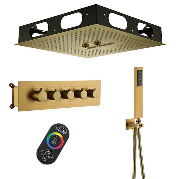 3-Spray 16 in. LED 64 Color Thermostatic Dual Shower Head and Handheld Shower Head Ceiling Mount 2.5 GPM in Brushed Gold