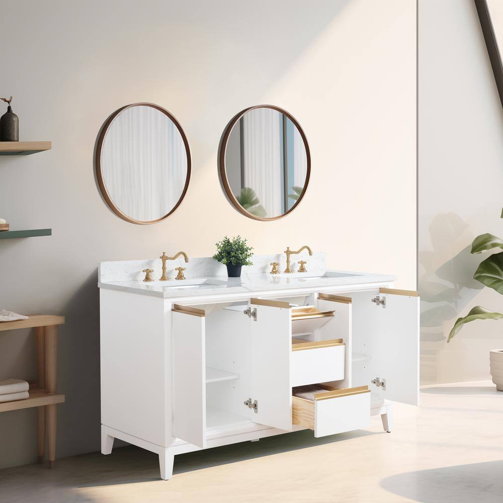 60" White Double Sink Bathroom Vanity with Engineered Marble Top