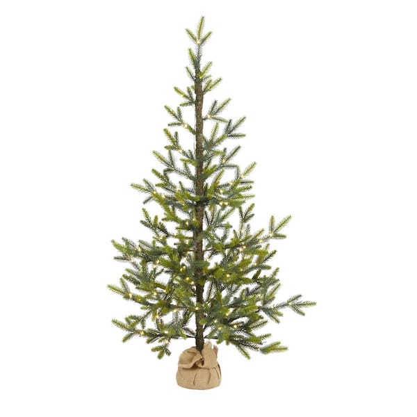 Nearly Natural 4 ft. Pre-Lit Fraser Fir Natural Look Artificial Christmas  Tree with 100 Clear LED Lights, a Burlap Base T1989 - The Home Depot