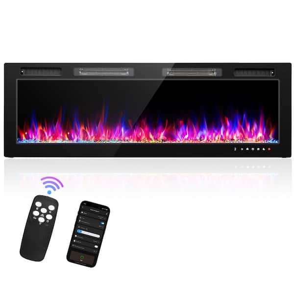 60 in. Wall-Mount Electric Fireplace in Black with Multi-Color Flames and WIFI Function