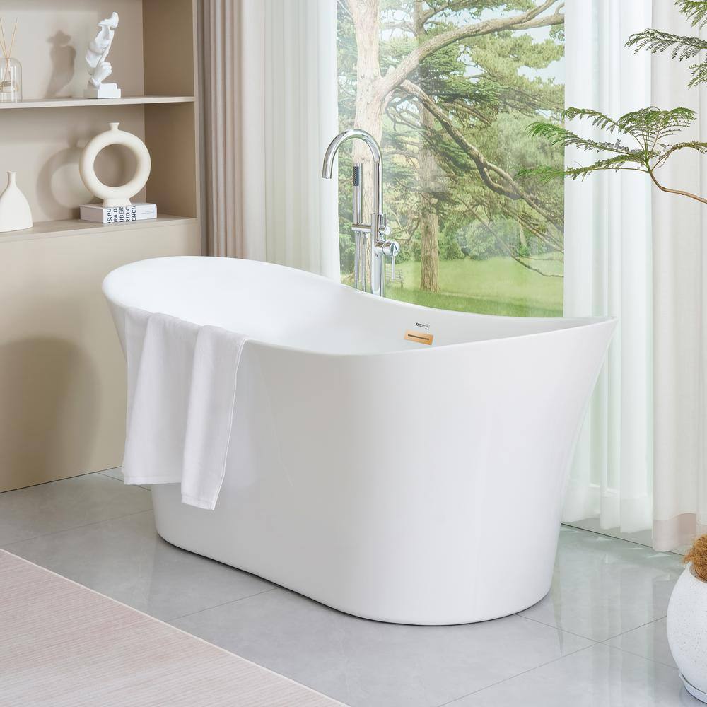 67" White Acrylic Freestanding Soaking Bathtub with Gold Trim