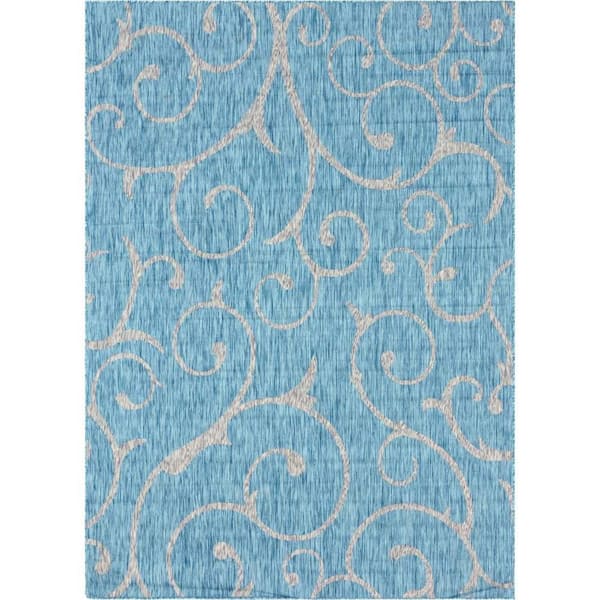 Outdoor Curl Aqua Blue 8 ft. x 11 ft. Area Rug