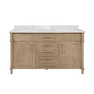Aberdeen 60 in. x 22 in. D Bath Vanity in Antique Oak with Carrara Marble Vanity Top in White with White Basins