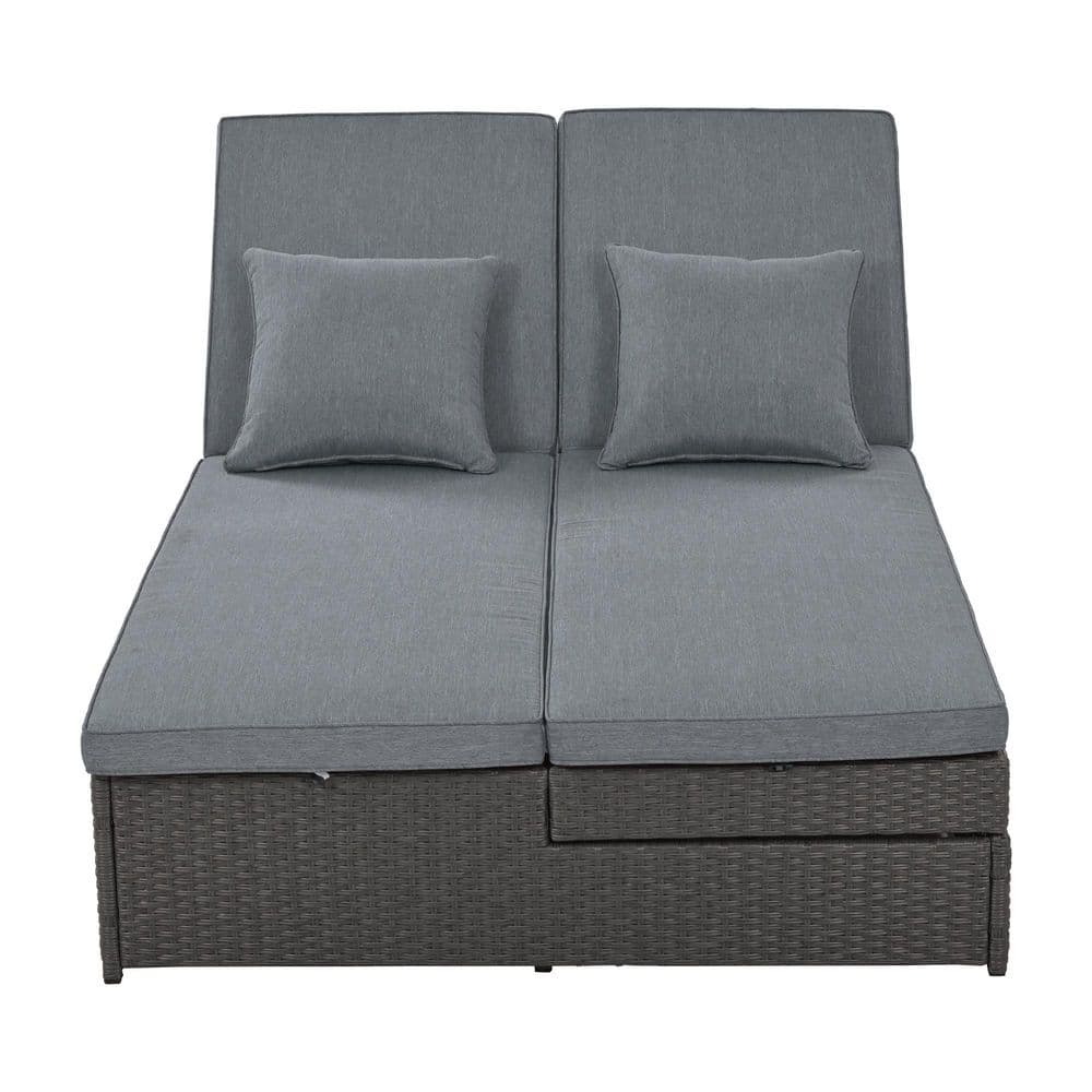 Gray Wicker Rattan Outdoor Day Bed with Adjustable Backrest and Gray Cushio