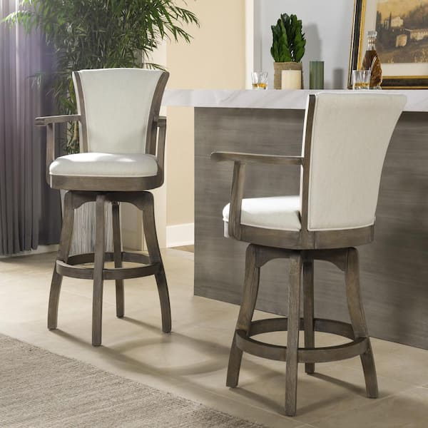 Williams 27 in. White Modern Rustic High Back Swivel Kitchen Counter Height Bar Stool with Armrests and Wood Frame