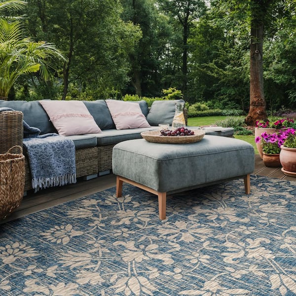 Courtyard Navy/Gray Doormat 2 ft. x 4 ft. Antique Floral Indoor/Outdoor Area Rug