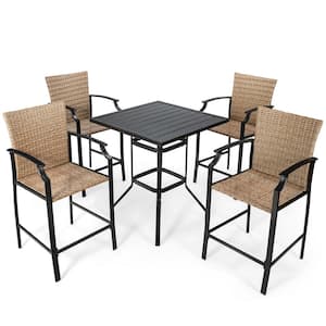 5-Piece Wicker Square 37 in. Outdoor Bistro Set Rattan Bar Stool Table Set with Beige Cushions