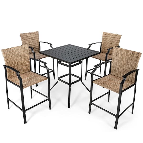 Costway 5-Piece Wicker Square 37 in. Outdoor Bistro Set Rattan Bar Stool Table Set with Beige Cushions