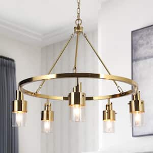 Coluse 5-Light Modern Brass Gold Round Chandelier, Transitional Adjustable Hanging Pendant with Cylinder Clear Glass