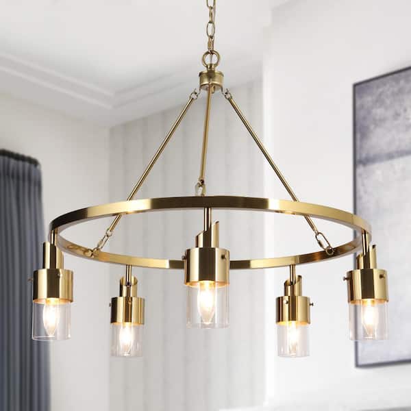 Zevni Coluse 5-Light Modern Brass Gold Round Chandelier, Transitional Adjustable Hanging Pendant with Cylinder Clear Glass