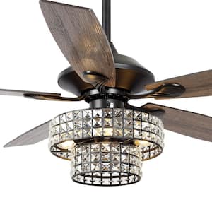 52 in. Indoor Black Crystal Chandelier Ceiling Fan with Light and Remote Control